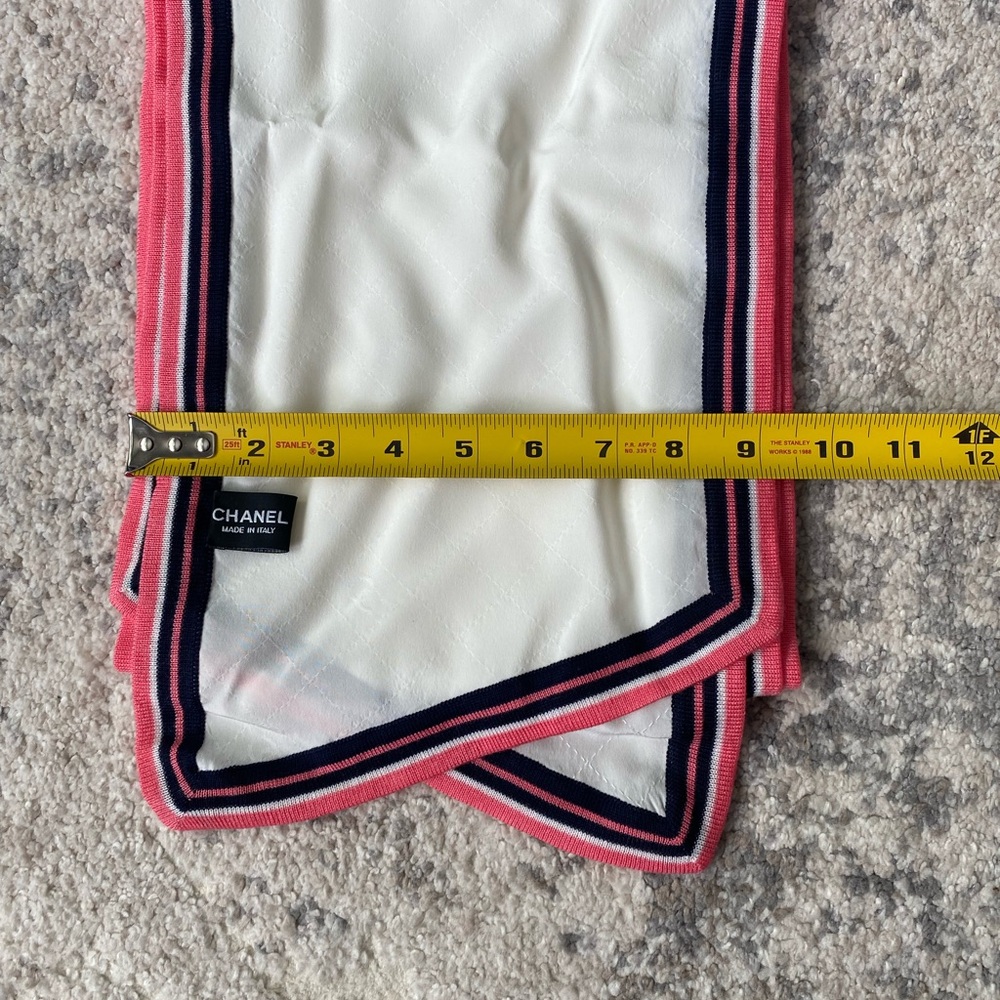 CHANEL white monogram scarf with neon pink & navy trim - Picture 3 of 5